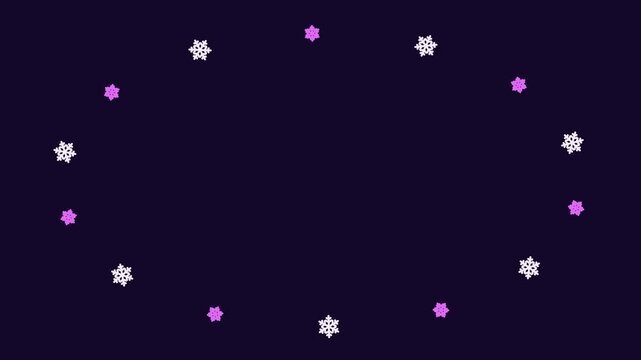 Animated festive flake ring layout circling copyspace in a minimal flat vector style, purple and violet on a dark background. Smooth 4K seamless loop with calm motion and plenty of empty space for tex
