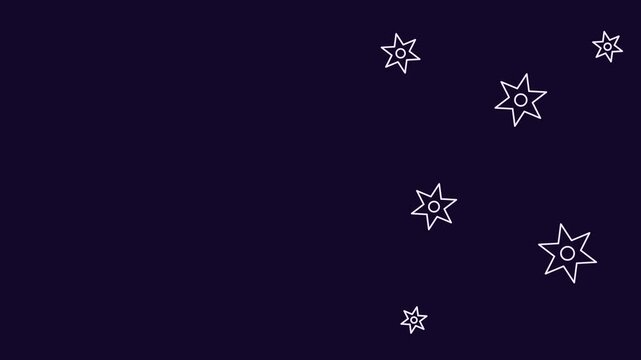 Seamless 4K looping winter holiday animation: outline flakes only slowly rotating. Flat vector shapes in purple and violet on a dark background with generous copy space for your own greeting or title.
