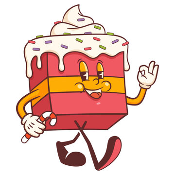 Christmas Groovy Cake Retro Character Cartoon Xmas Sweets Delight Personage Funny Vector Winter Holiday Mascot Template. Happy Vintage Cool Illustrations Isolated