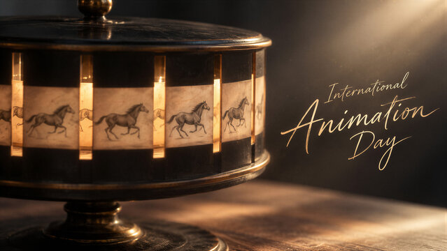 Zoetrope with sequential horse drawings and International Animation Day lettering. Early animation device and moving image history. Optical toy celebrating animation art and film heritage.