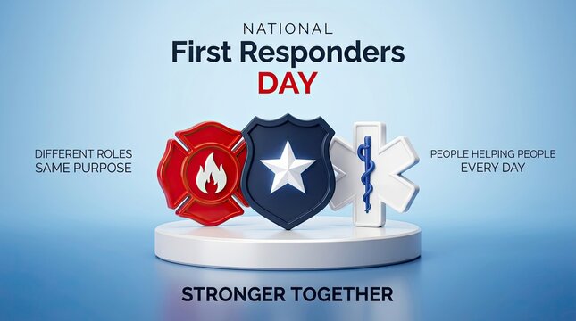 First responders emblems celebrating unity and daily support roles in emergency services with Three dimensional icons represent different first responder professions working together public safety