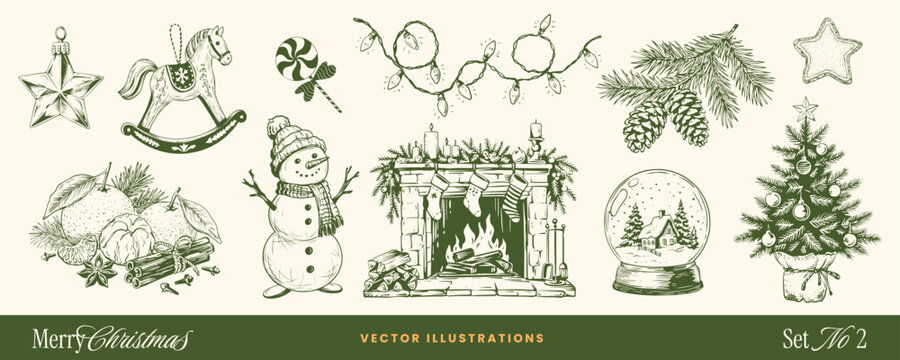 Christmas decoration doodle sketch icons set. Whimsical snowman, snowball, fireplace, ribbons, bows elements. Hand-drawn vintage vector coquette Xmas ornament illustrations. Pine tree, garland, candy