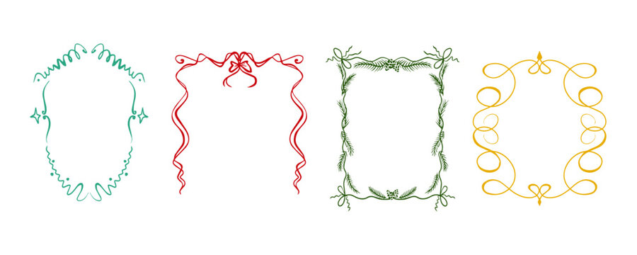 Vintage Christmas frames set with whimsical bow and festive tree border. Hand-drawn holiday card illustrations featuring elegant ribbon, cones, pine tree fir and winter ornaments for party invitations