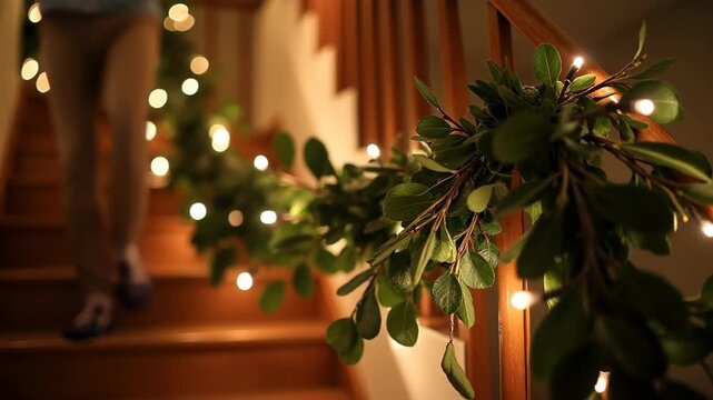 Garland of eucalyptus and fairy lights draped along staircase banister, warm cozy home evening
