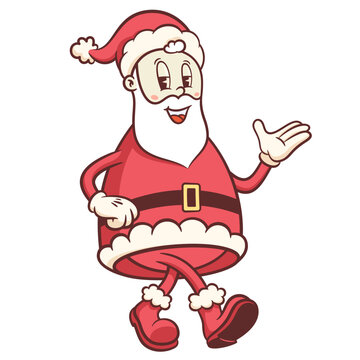 Groovy Christmas Retro Santa Character Cartoon Santa Claus Vector Winter Holiday Mascot Template. Happy Vintage Cool New Year Saint Nicholas Personage Illustrations Collection Isolated