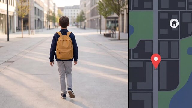 Parental control and child safety app concept with GPS location tracking of schoolboy walking alone to home on city street, geolocation map with home pin and real-time geofence alert for parents
