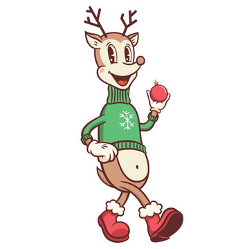 Christmas Groovy Reindeer Retro Character Cartoon Funky Santa Deer walking and smiling Personage. Vector Winter Holiday Mascot Template. Happy Vintage Cool New Year Animal Illustrations Isolated
