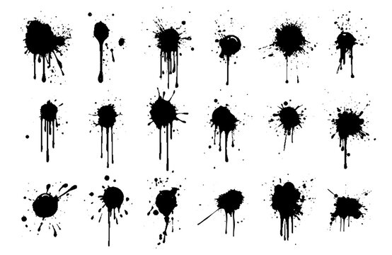 Abstract Grunge Paint Splash Ink Drips Illustration Set. Spray Blots Graphic Elements Black Graffiti Ink Splatter Brush Strokes Vector Inkblot Spots Collection. Inky Texture Dirty Dusty Liquid Blobs