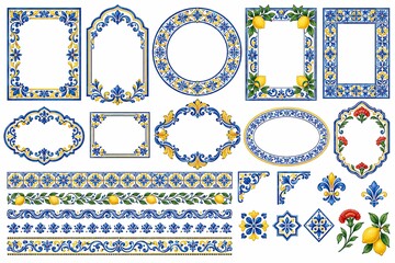 Obraz na płótnie Canvas Portuguese azulejo frames and borders in blue and yellow floral tile patterns, with decorative rectangular, oval, and circular frames and ornamental strips.