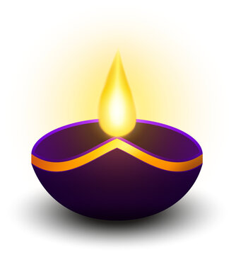 Purple burning diya diwali oil lamp with gold line decoration, on transparent background.