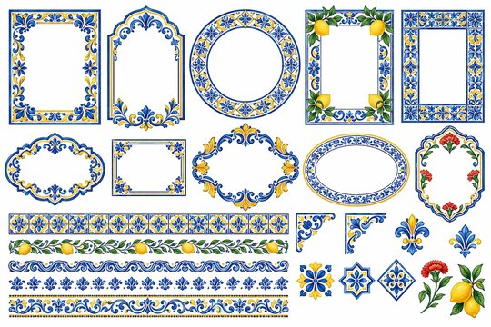 Portuguese azulejo frames and borders in blue and yellow floral tile patterns, with decorative rectangular, oval, and circular frames and ornamental strips.