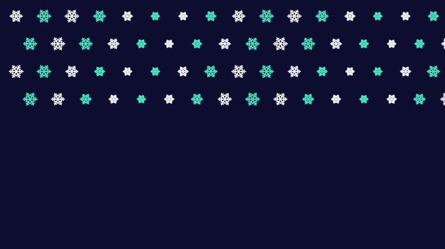 Seamless 4K looping winter holiday animation: flake repeat pattern wave across. Flat vector shapes in deep blue on a dark background with generous copy space for your own greeting or title. Horizontal