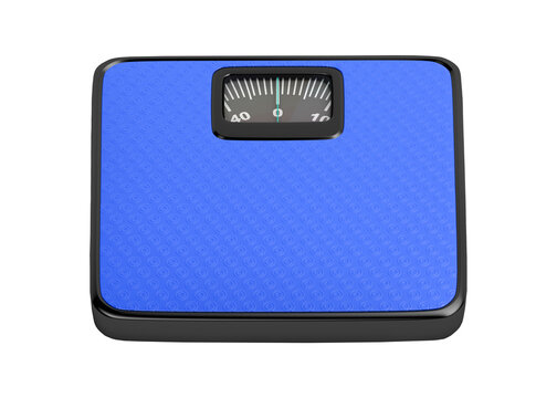 Blue bathroom scale shows zero weight for health monitoring.