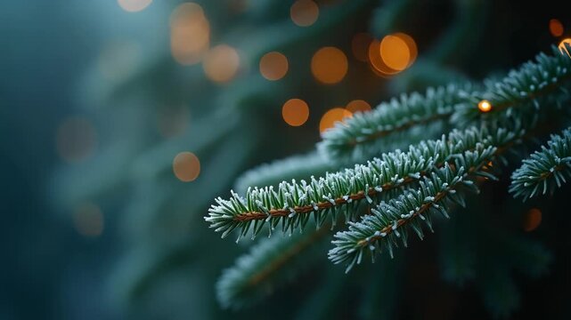 Macro shot of frosted pine needles and twinkling fairy lights, soft bokeh, cinematic close-up
