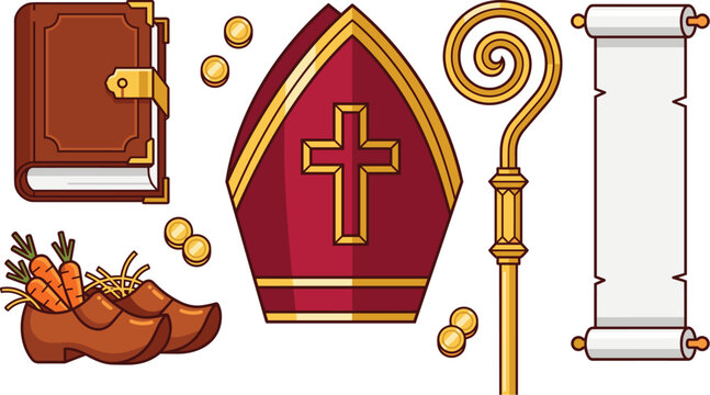 Saint Nicholas holiday celebration vector illustration set with miter crosier bible scroll and wooden shoes
