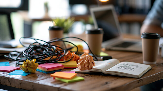 High angle view of a messy wooden office desk with colorful sticky notes crumpled papers tangled cables and empty coffee mugs notebook open with scribbles high angle view messy desk