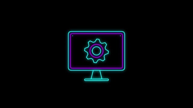 Neon computer monitor icon with gear symbol for settings and