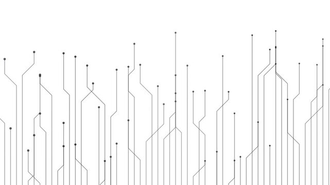 Abstract digital network circuit background featuring minimalist black lines and connection dots moving upward on a clean white technology graphic surface