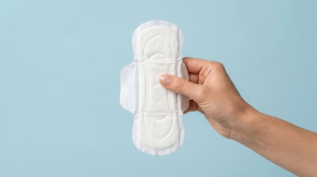 A detailed examination of a sanitary pad held in a hand focusing on its absorbent core and protective features for menstrual hygiene