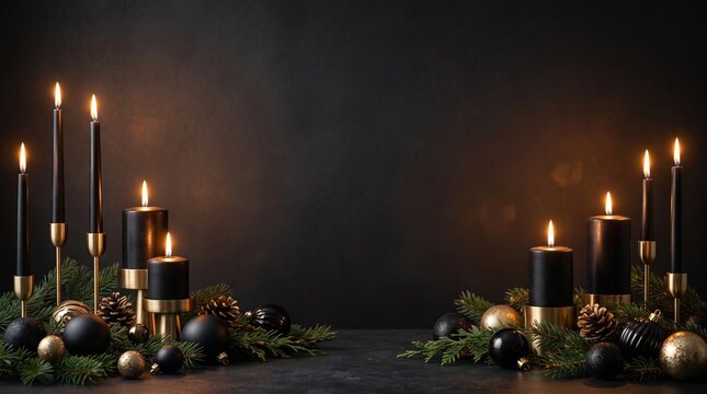 Black and gold Christmas candles with fir branches and baubles