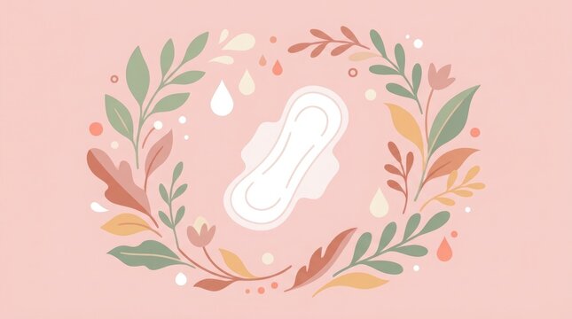 This image showcases a sanitary pad surrounded by delicate floral arrangements representing feminine hygiene products and the natural cycle of menstruation with