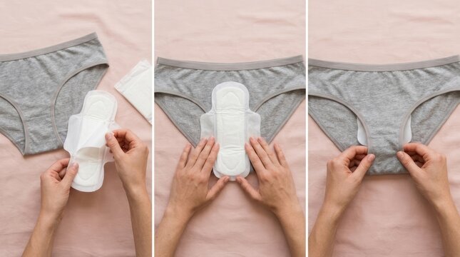 A comprehensive visual guide demonstrating the proper application and secure placement of a sanitary pad within underwear ensuring comfort and protection during