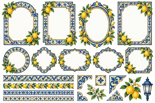 Watercolor collection of lemon-decorated azulejo frames and borders in blue and yellow, with ornate Portuguese tile patterns and botanical accents.