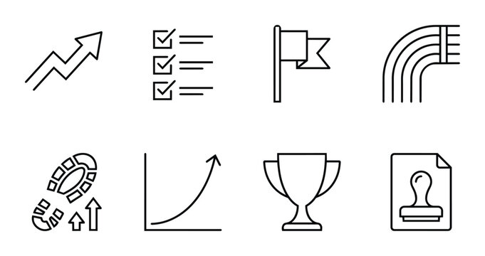 Business growth icons set with upward graph, flag and trophy for success, app and web