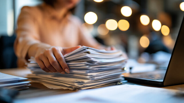 Cropped view of a european business professional managing a large stack of documents at an office desk hands squaring the edges of the pile laptop open beside frame cropped at the chest