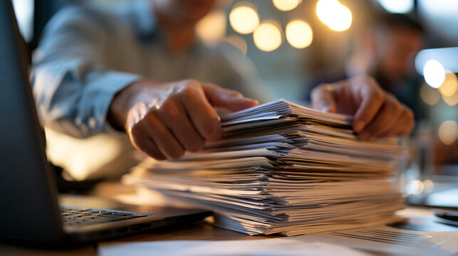 Cropped view of a european business professional managing a large stack of documents at an office desk hands squaring the edges of the pile laptop open beside frame cropped at the chest