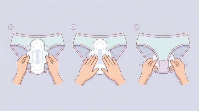 A detailed visual guide showcasing the proper unfolding and application of a sanitary pad for optimal hygiene and comfort during menstruation
