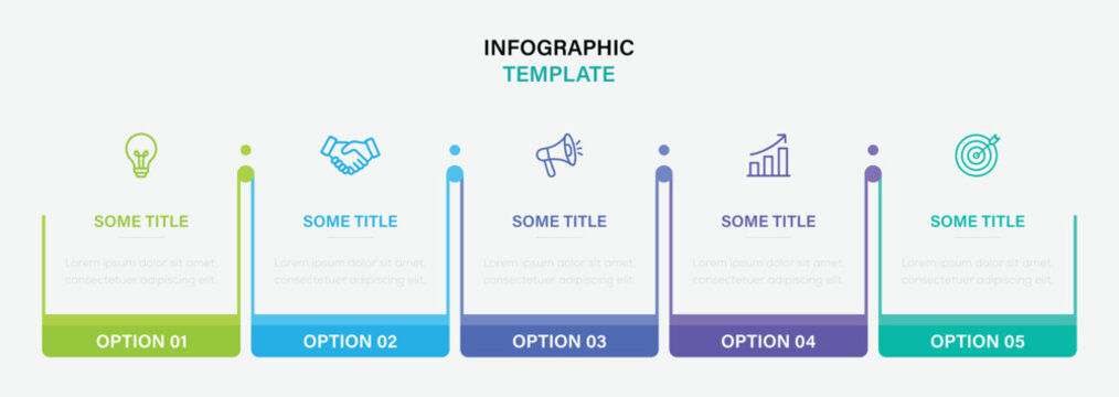 Five stage business infographic template with colorful footer bars and minimal line icons. horizontal workflow infographic with connected timeline elements. vector illustration.