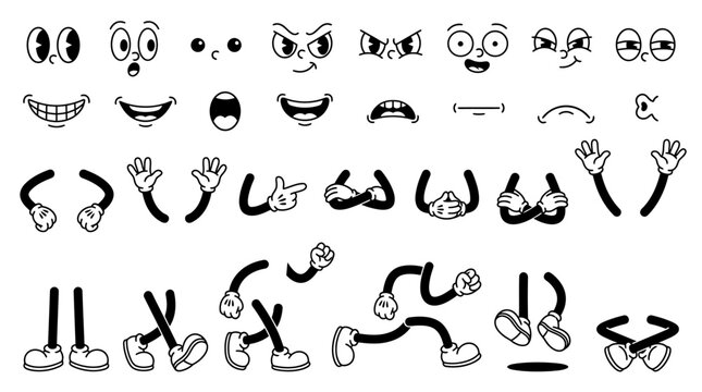 Set of vintage cartoon character parts with eyes mouths arms hands and legs in classic 1930s rubber hose animation style