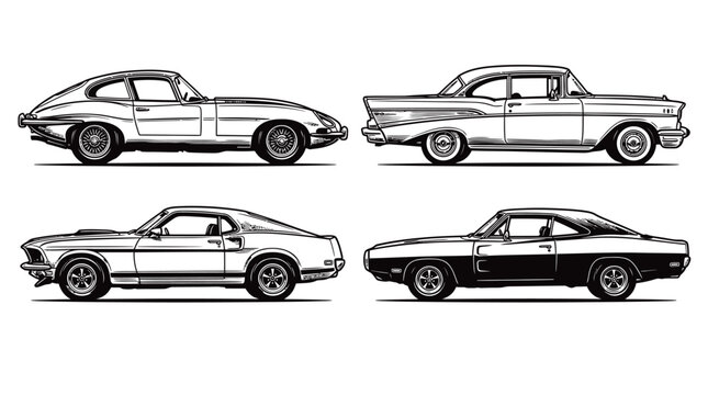 Set of four classic vintage muscle cars in a side view sketch style illustration for automotive design projects