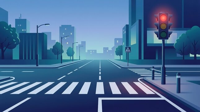 Red traffic light at empty city street intersection crosswalk at twilight vector illustration