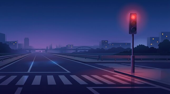 Glowing red traffic light at empty city road intersection at night vector illustration background
