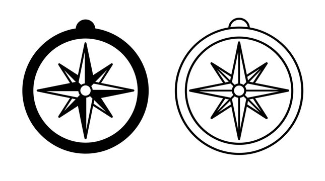 Black and white compass icon set showing navigation symbols for travel mapping and direction finding in simple style