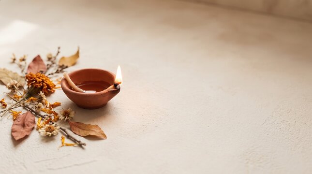Rustic pottery bowl with autumn flowers on a textured wooden surface