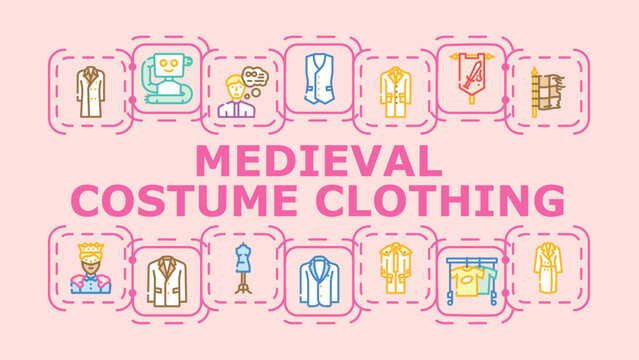 Medieval costume clothing banner infographic. Tunic mantle, cloak tabard, surcoat kirtle icon vector illustration