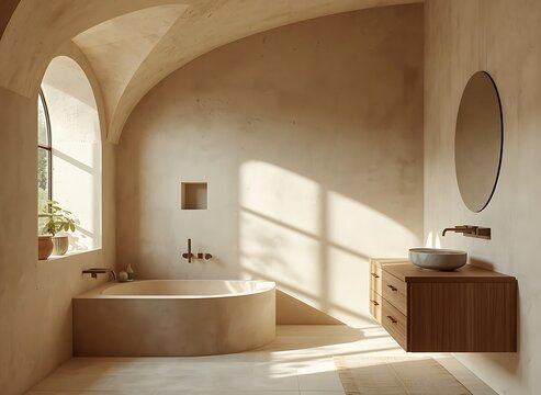 Photorealistic contemporary Mediterranean bathroom with a deep soaking tub and arched window