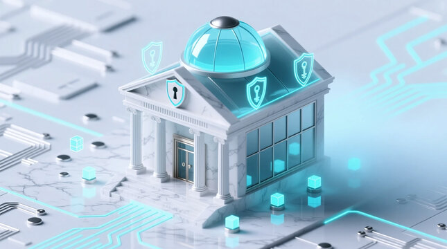 Securing digital assets Isometric illustration of a financial institution protecting sensitive data emphasizing Data Privacy Legislation compliance in global network