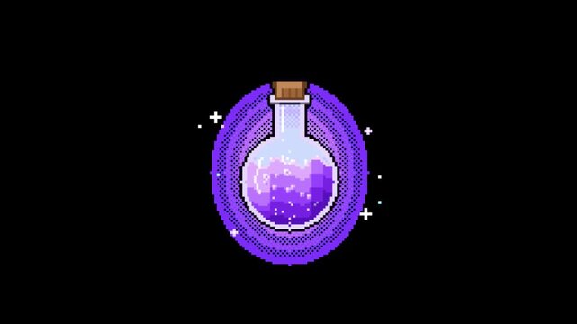 Glowing Purple Magic Potion Bottle with Rising Pixel Bubbles and Sparkles on Transparent Background. 8-Bit Game Animation