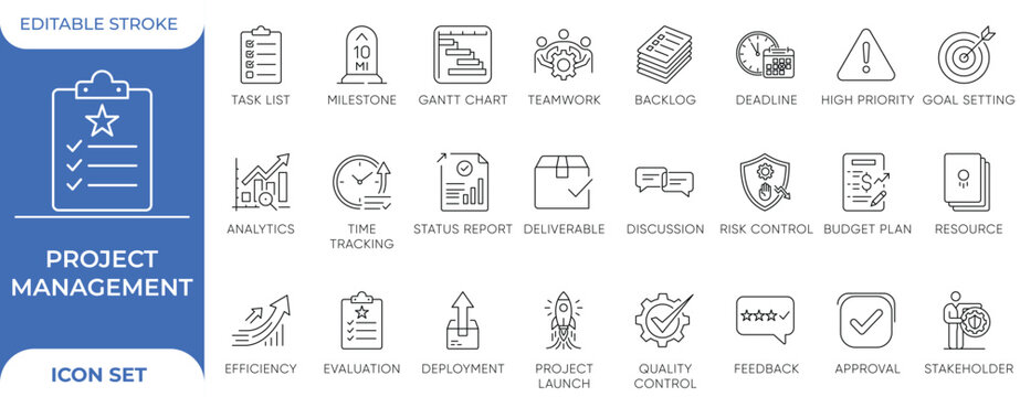 Project Management line Icon Set. Task List Gantt Chart, Milestone Deadline Workflow Analytics, Agile Scrum Deliverable Minimalist vector illustration