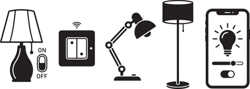 Black and White Lamp Clipart Set with Floor Lamp, Desk Lamp, Light Switch and Smart Lighting Control