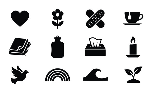 Comfort and care icons set with heart, flower, bandage, tea, blanket, hot water bottle, tissues, candle, dove, rainbow, wave
