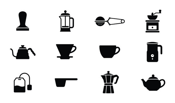 Coffee and tea making equipment set with kettles, grinders, and cups for cafe signage