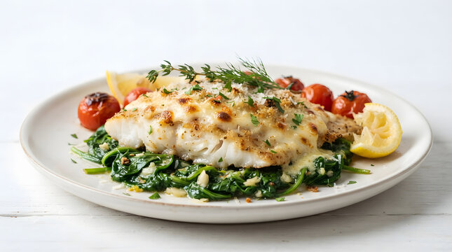 Baked Italian flounder florentine, with tomatoes and spinaches on white plate shot in close up angle against matching white background