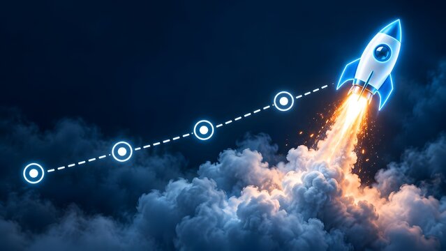 Glowing digital rocket launching upward through clouds with a milestone trajectory line illustrating rapid business growth and technological startup acceleration