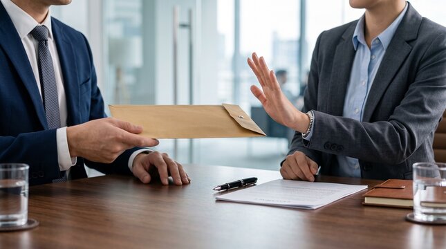 Business professionals rejecting contract agreement with hand gesture, symbolizing negotiation, refusal, conflict and business decisions