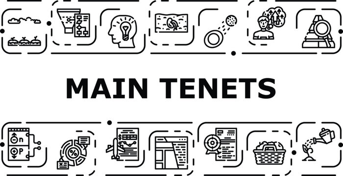 Main tenets banner infographic. Precepts creed, core ethics, principles axioms icon vector illustration